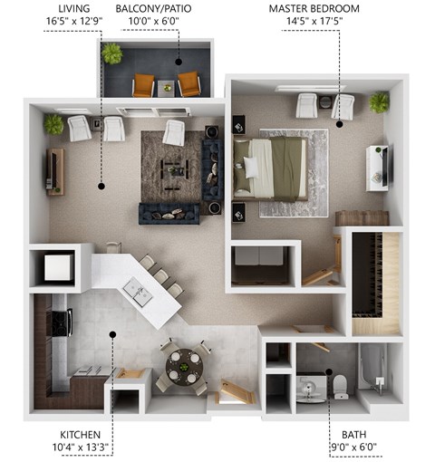 Floor plan for 1 bed, 1 bath, 785 sqft